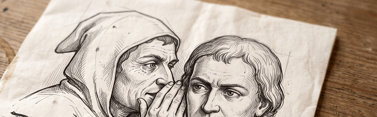 Illustrazione a penna e inchiostro di due figure rinascimentali che si scambiano un segreto all’orecchio: la rassegna stampa di Fabulè.