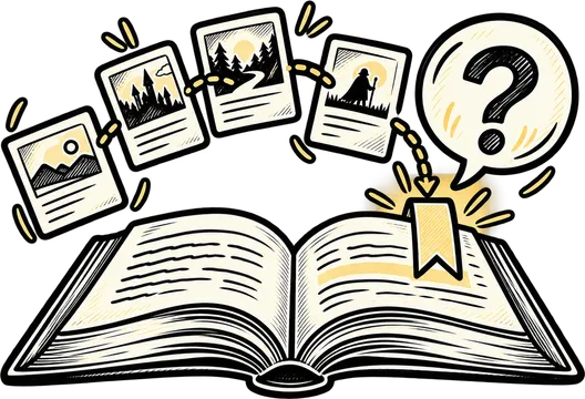 Libro con scene collegate a un segnalibro e una domanda, per ritrovare il contesto già letto