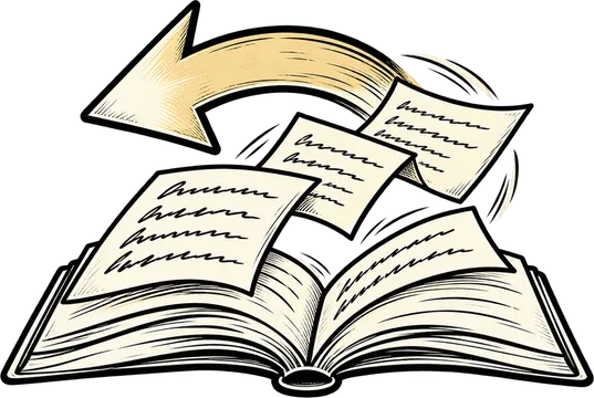 Libro sfogliato a ritroso con una freccia, per cercare un dettaglio nelle pagine precedenti