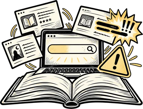 Libro e computer con risultati di ricerca e segnali di allarme per il rischio di spoiler online