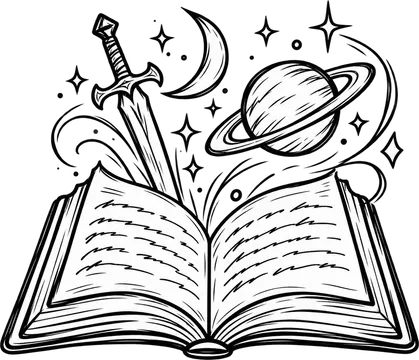 Spada, luna e pianeta sopra un libro aperto evocano mondi fantasy e fantascientifici