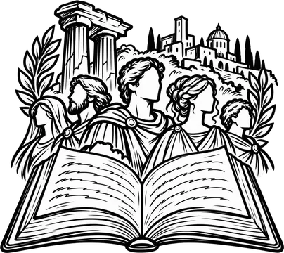 Personaggi in abiti antichi, colonne e città sopra un libro evocano vicende storiche e corali