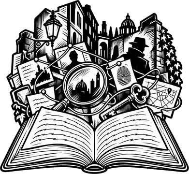 Lente, indizi e figura in ombra sopra un libro evocano misteri e intrecci da ricostruire