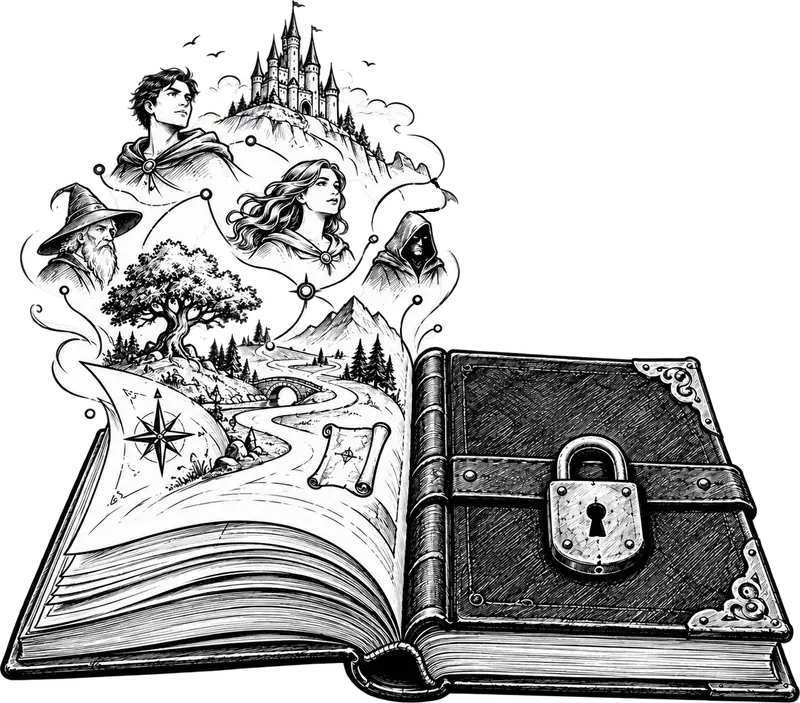 Libro aperto su personaggi e luoghi già letti, con le pagine future chiuse da un lucchetto