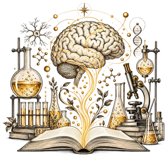 Cervello e strumenti di laboratorio emergono da un libro, richiamo alla ricerca sulla lettura