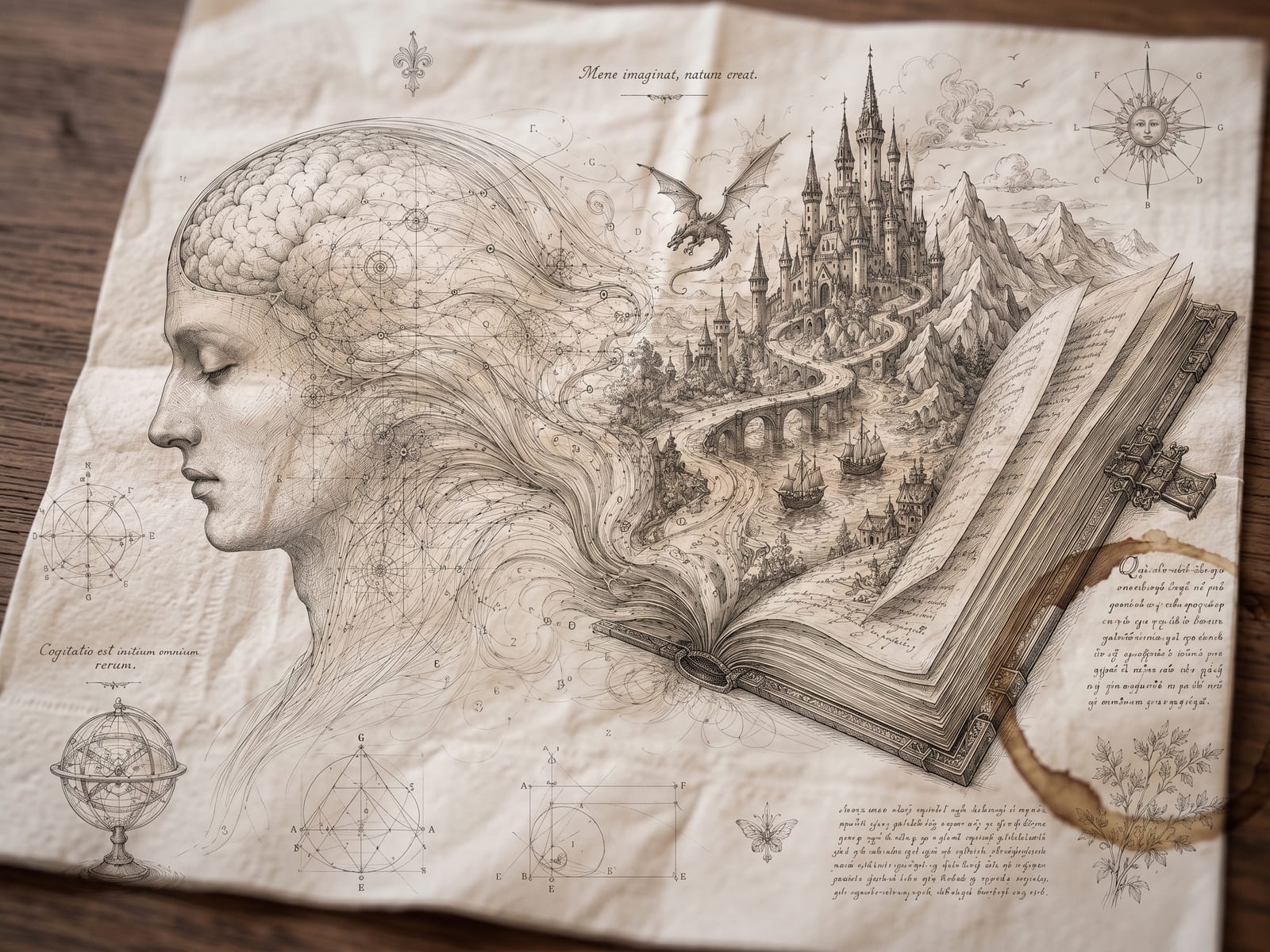 Disegno a inchiostro su carta: il profilo di una donna con il cervello in vista e i capelli che si trasformano in un paesaggio con castello, drago e velieri, nato da un libro aperto